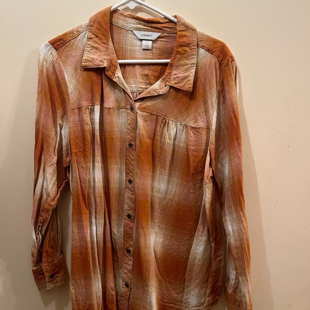 CJ Banks Rust and Cream Plaid Shirt